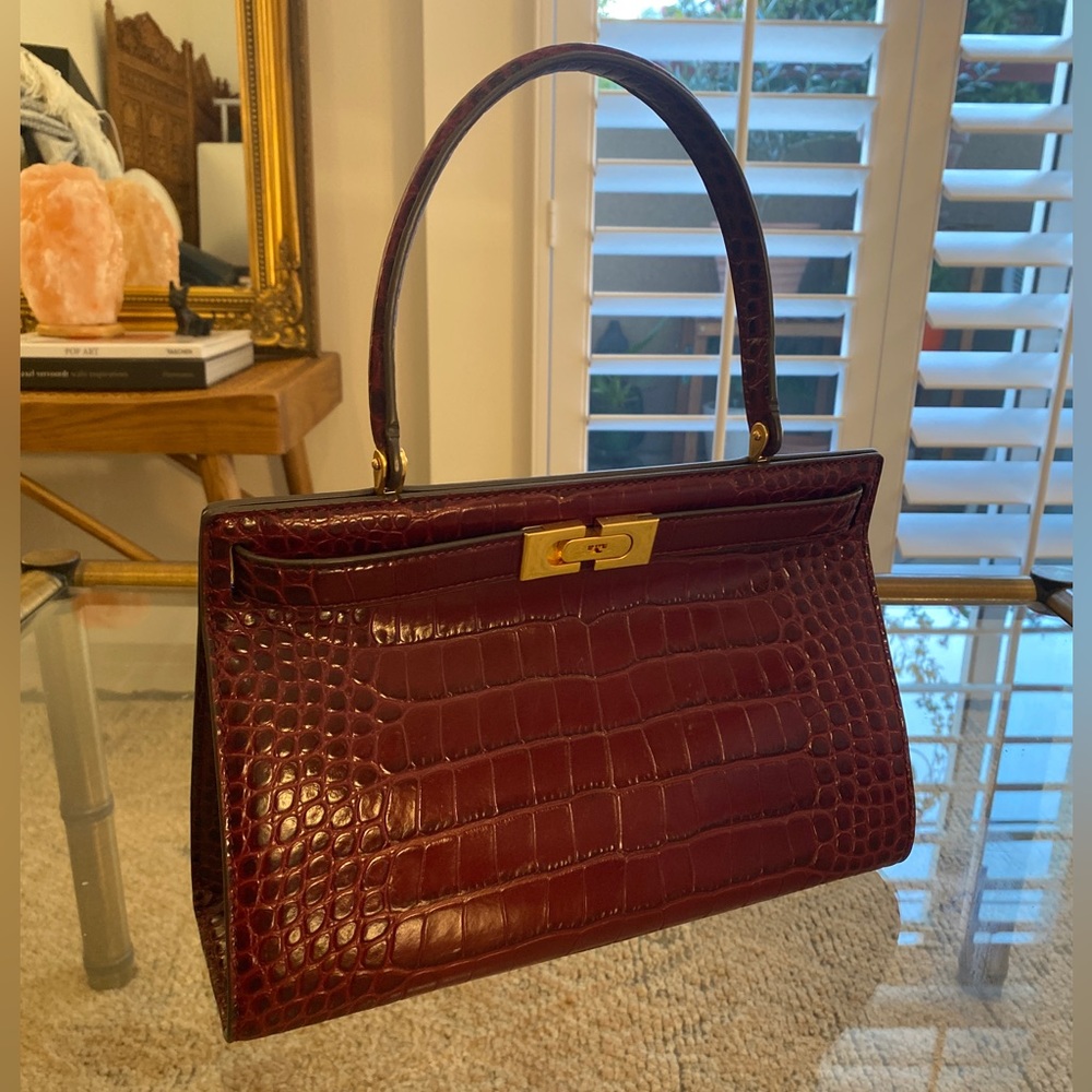 Tory Burch Crocodile Embossed Leather Handbag with Detachable Long Strap